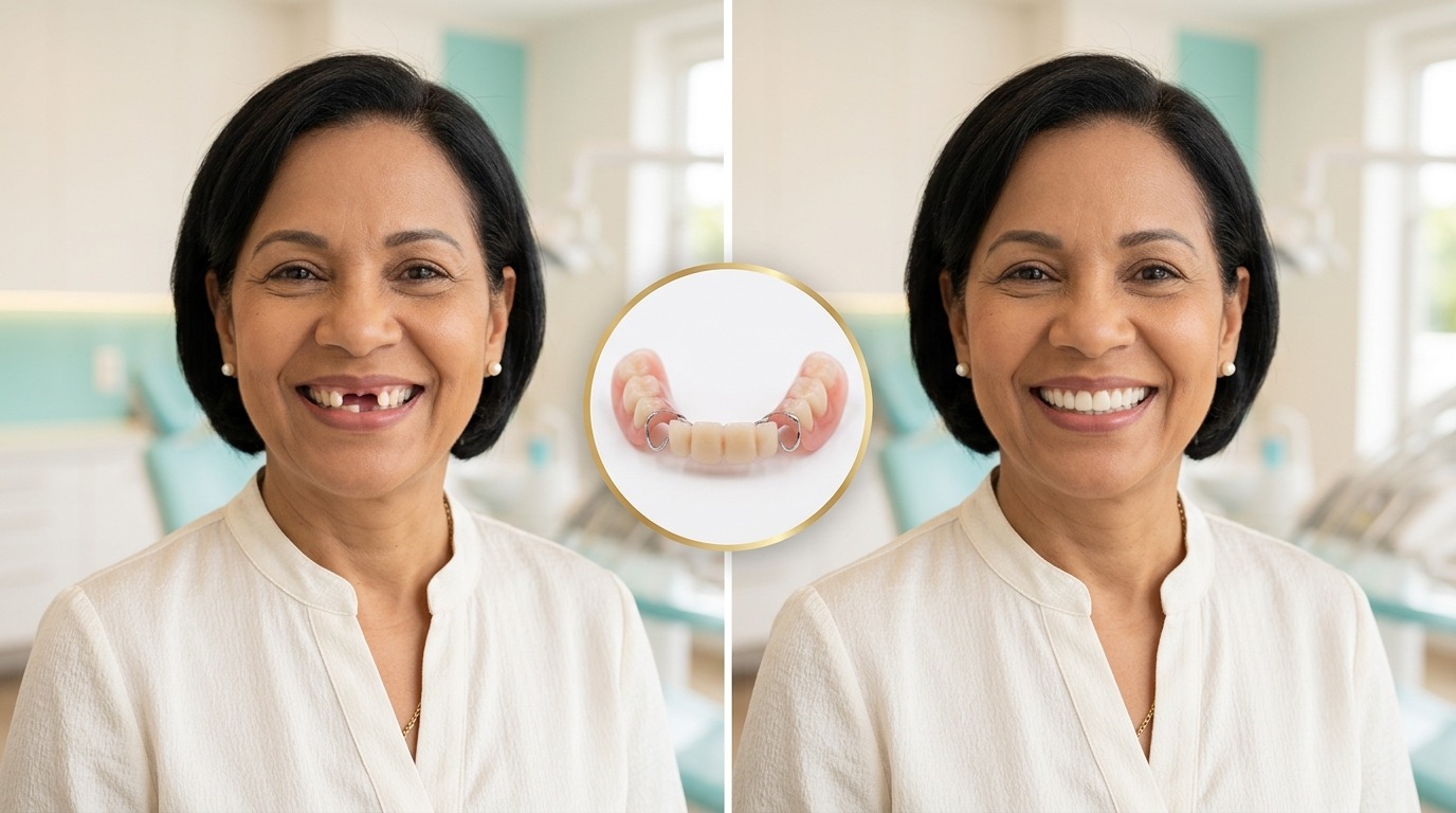 Antes y después de prótesis dental removible de acrílico en Dento Estetic, Santo Domingo Oeste