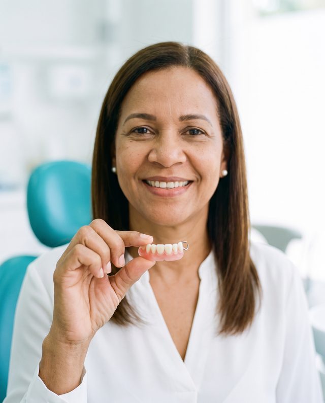 Paciente sonriente con su prótesis dental removible de acrílico en Dento Estetic, Santo Domingo Oeste